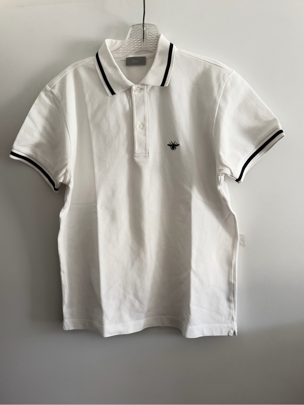 Dior Men's White Polo with Black Trim and Embroidered Bee